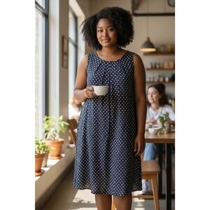 Alfani Retro Navy Dress Polka Dot Sleeveless Side Pockets Lined Sz 16